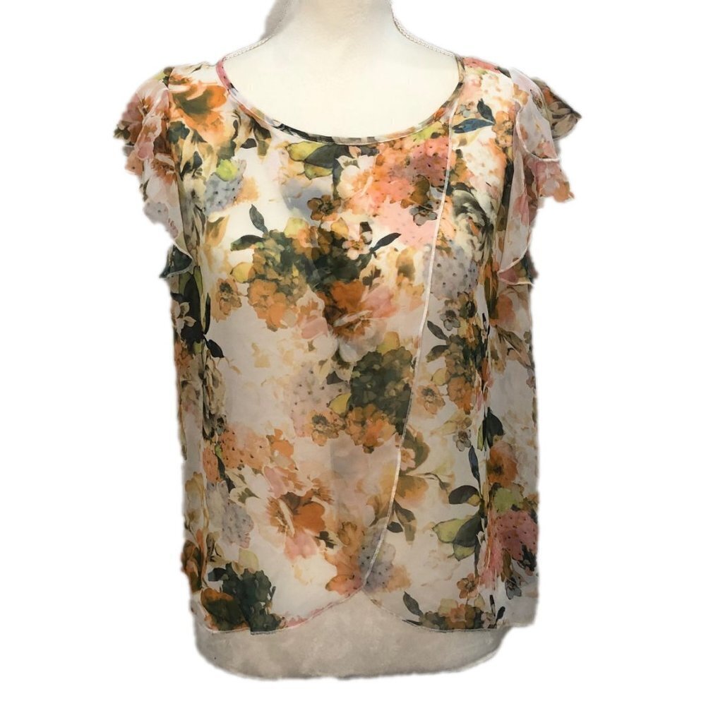 I.N. SAN FRANCISCO (M) Sheer flutter sleeve blouse, warm floral pattern
